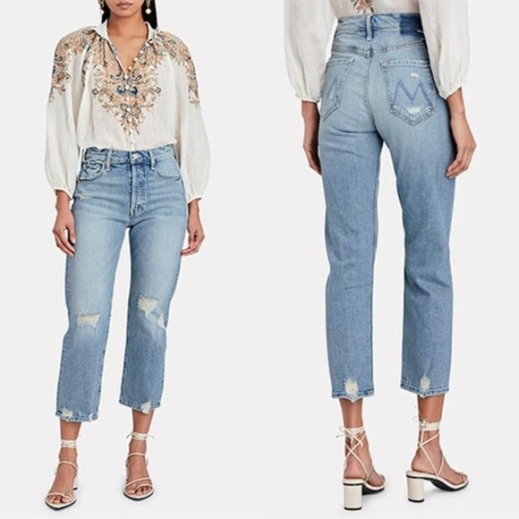 MOTHER Denim - Mother Tomcat Distressed Cropped Straight Leg Jeans Women Blue Size: 32 NWT